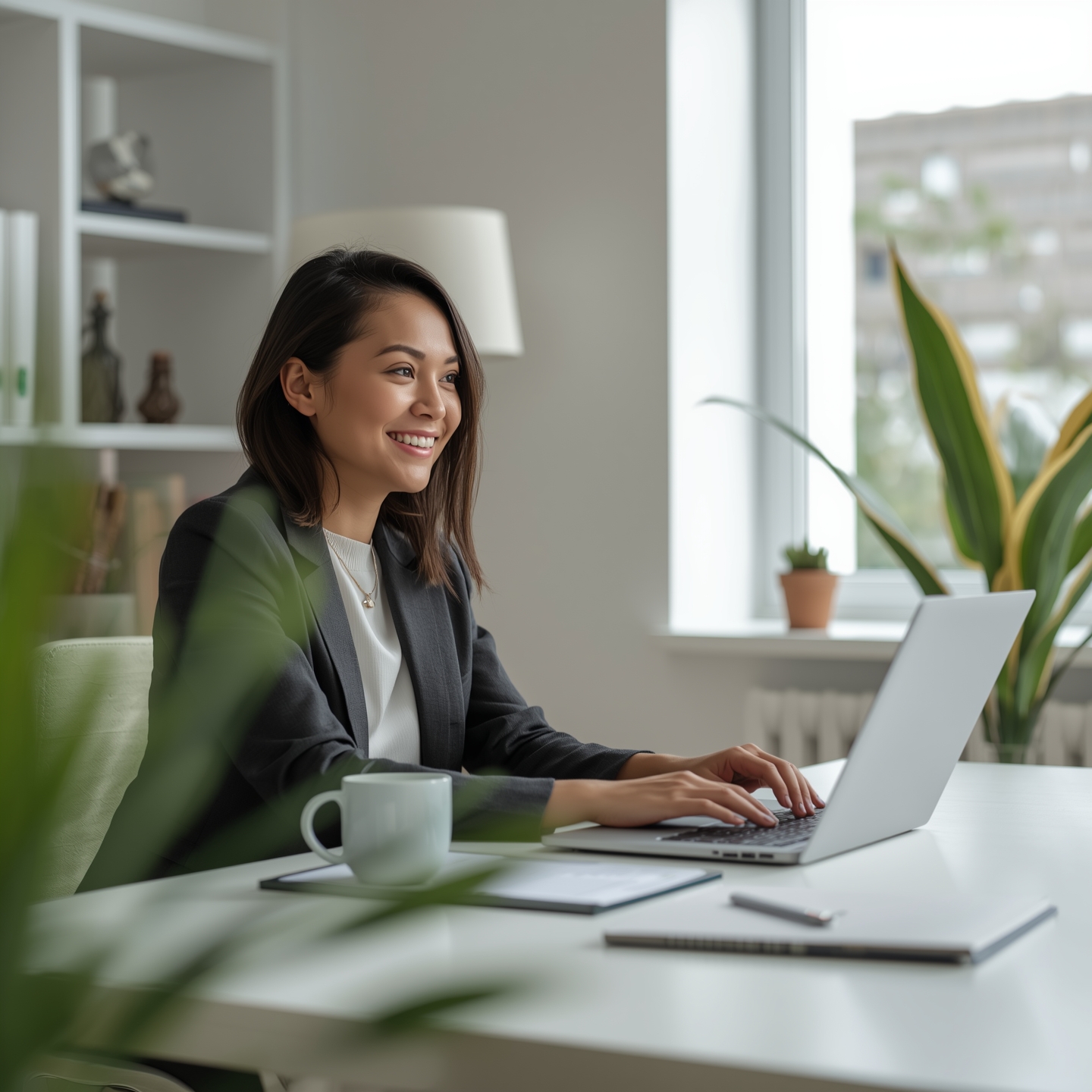 Smiling business owner working on laptop